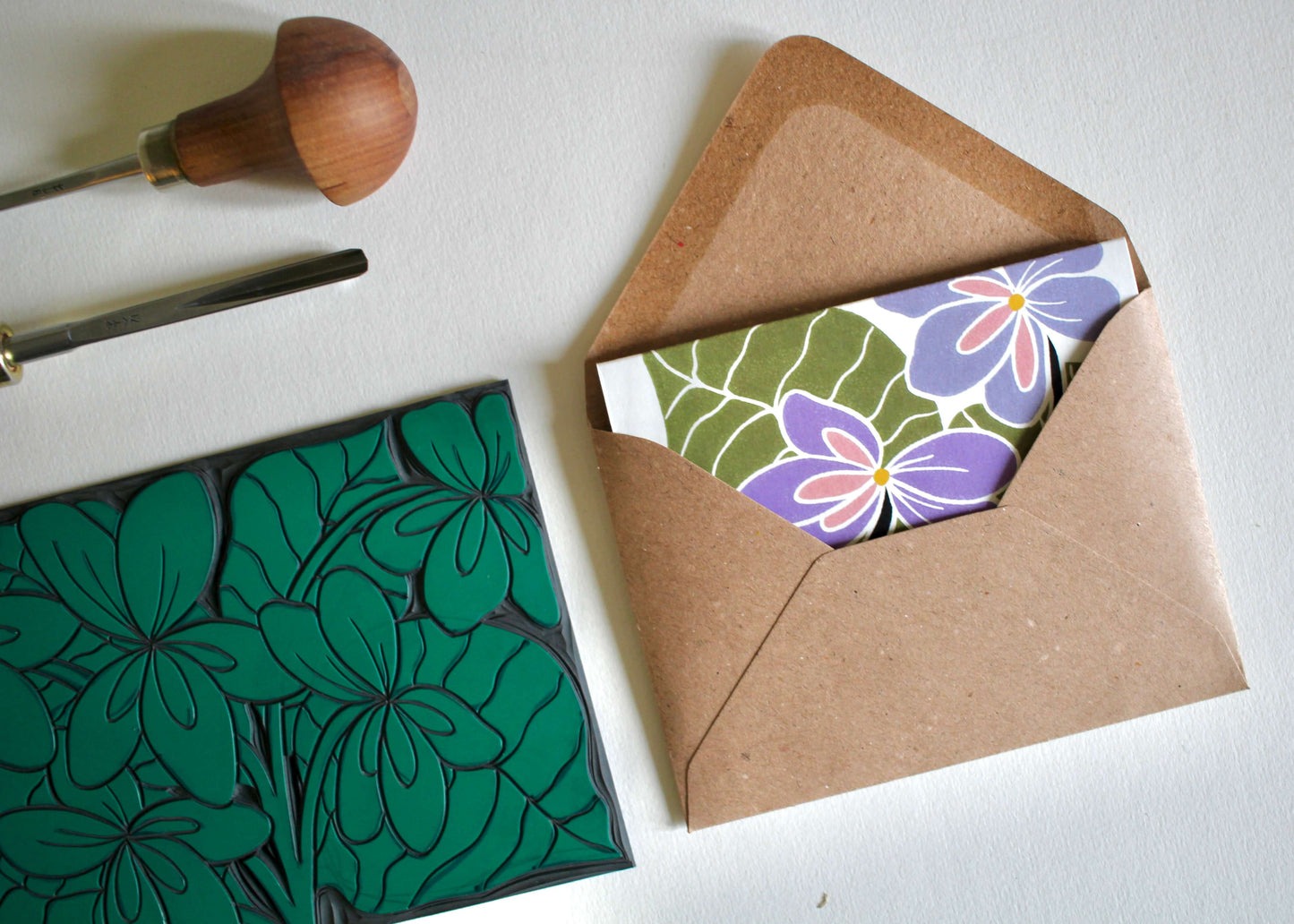 Violets Linocut Concertina Greeting Card - Single card & envelope