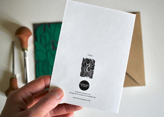 Luxury Spring Tulips Linocut Greeting Card | Single Card & Envelope