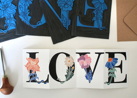 LOVE Floral Word Linocut Concertina Card | Single Card & Envelope