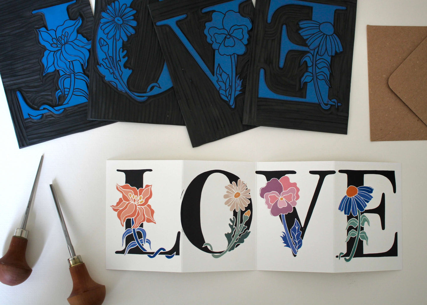 LOVE Floral Word Linocut Concertina Card | Single Card & Envelope