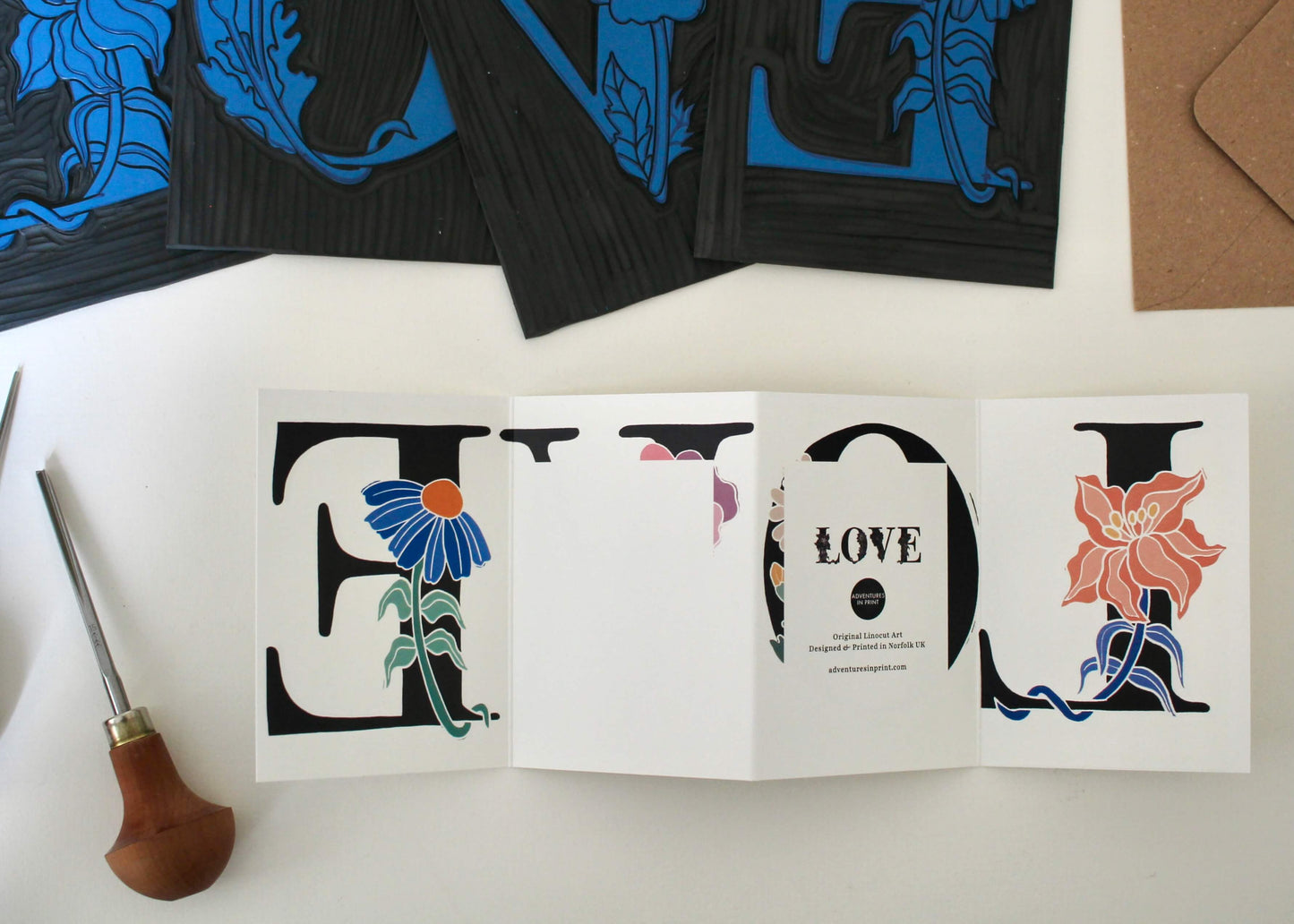 LOVE Floral Word Linocut Concertina Card | Single Card & Envelope