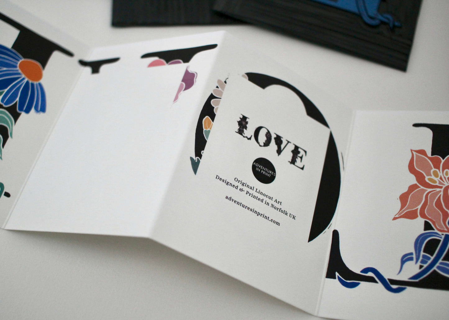 LOVE Floral Word Linocut Concertina Card | Single Card & Envelope