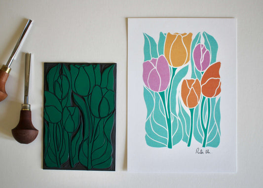 Spring Tulips Linocut Art Print | A5 or A4 on Cotton Paper