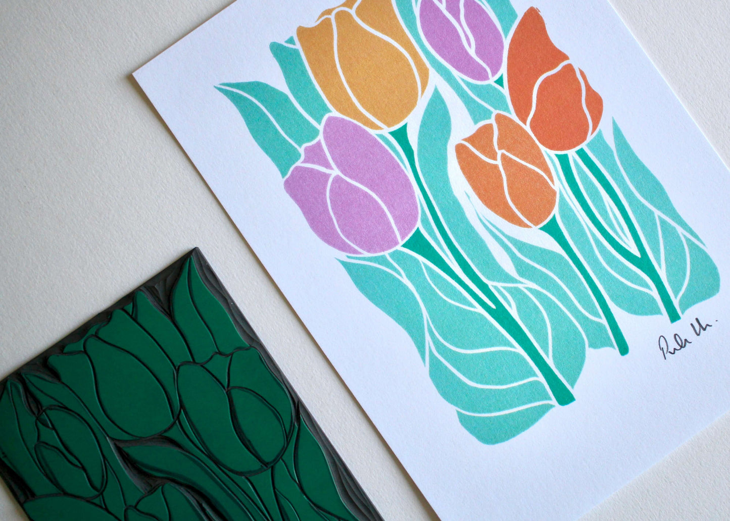 Spring Tulips Linocut Art Print - A5