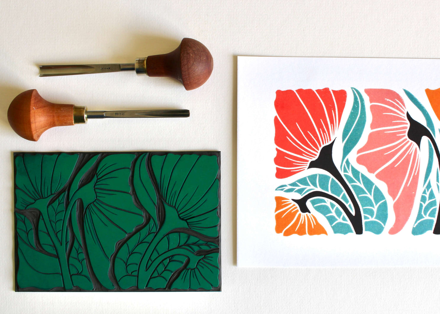Happy Floral Linocut Art Print - A5 or A4 Art Print on Cotton Paper
