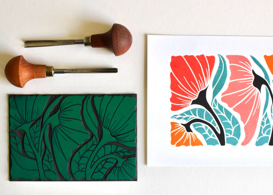 Happy Floral Linocut Art Print - A5 or A4 Art Print on Cotton Paper