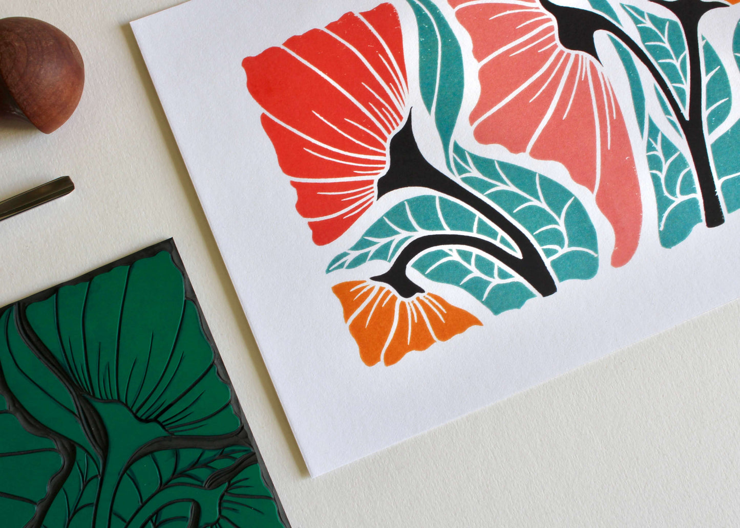 Happy Floral Linocut Art Print - A5 or A4 Art Print on Cotton Paper