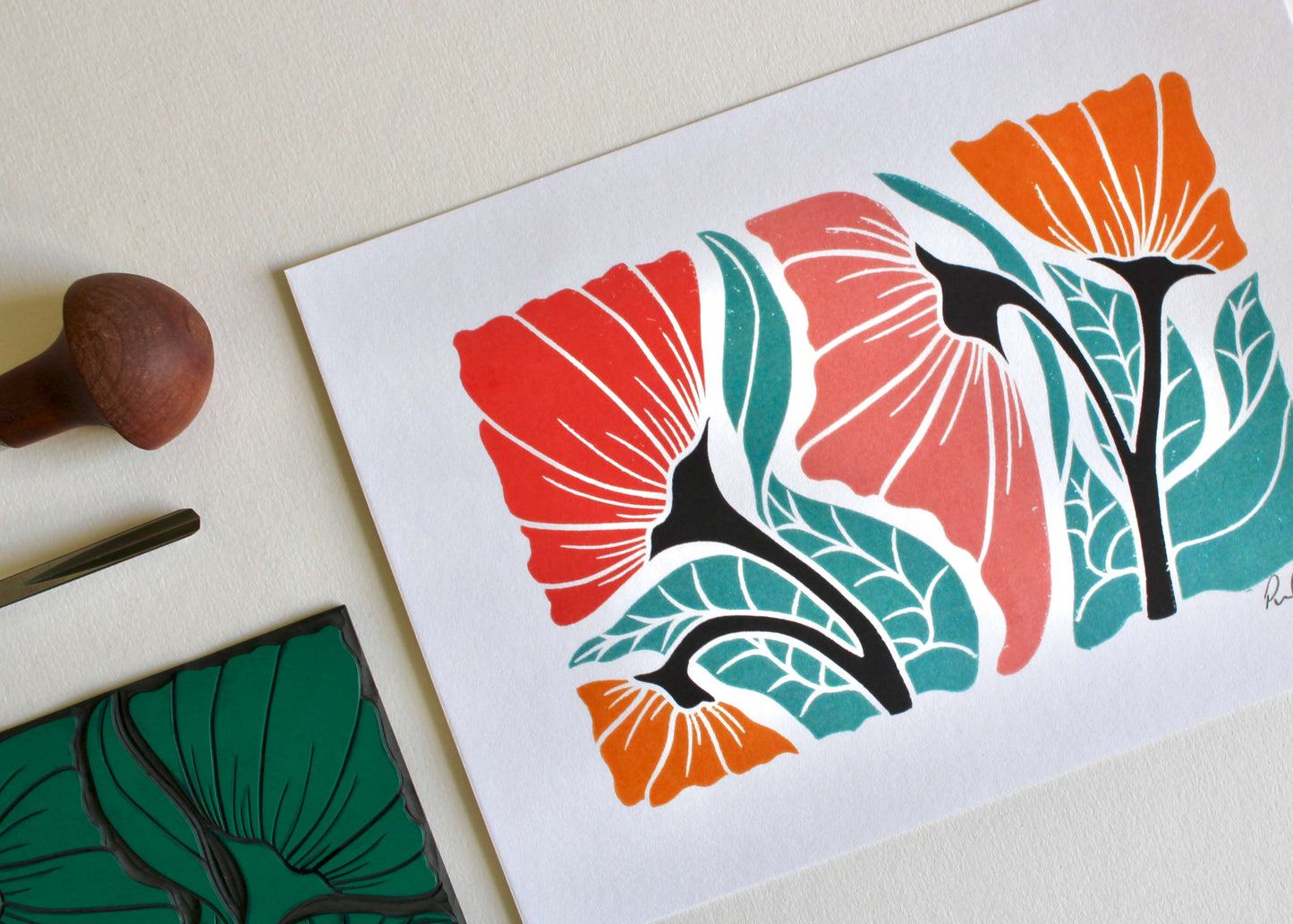 Happy Floral Linocut Art Print - A5 or A4 Art Print on Cotton Paper