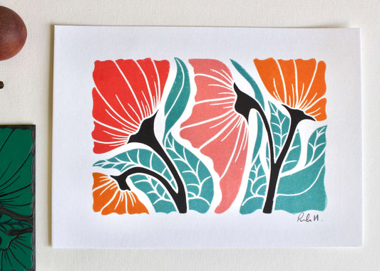 Happy Floral Linocut Art Print - A5