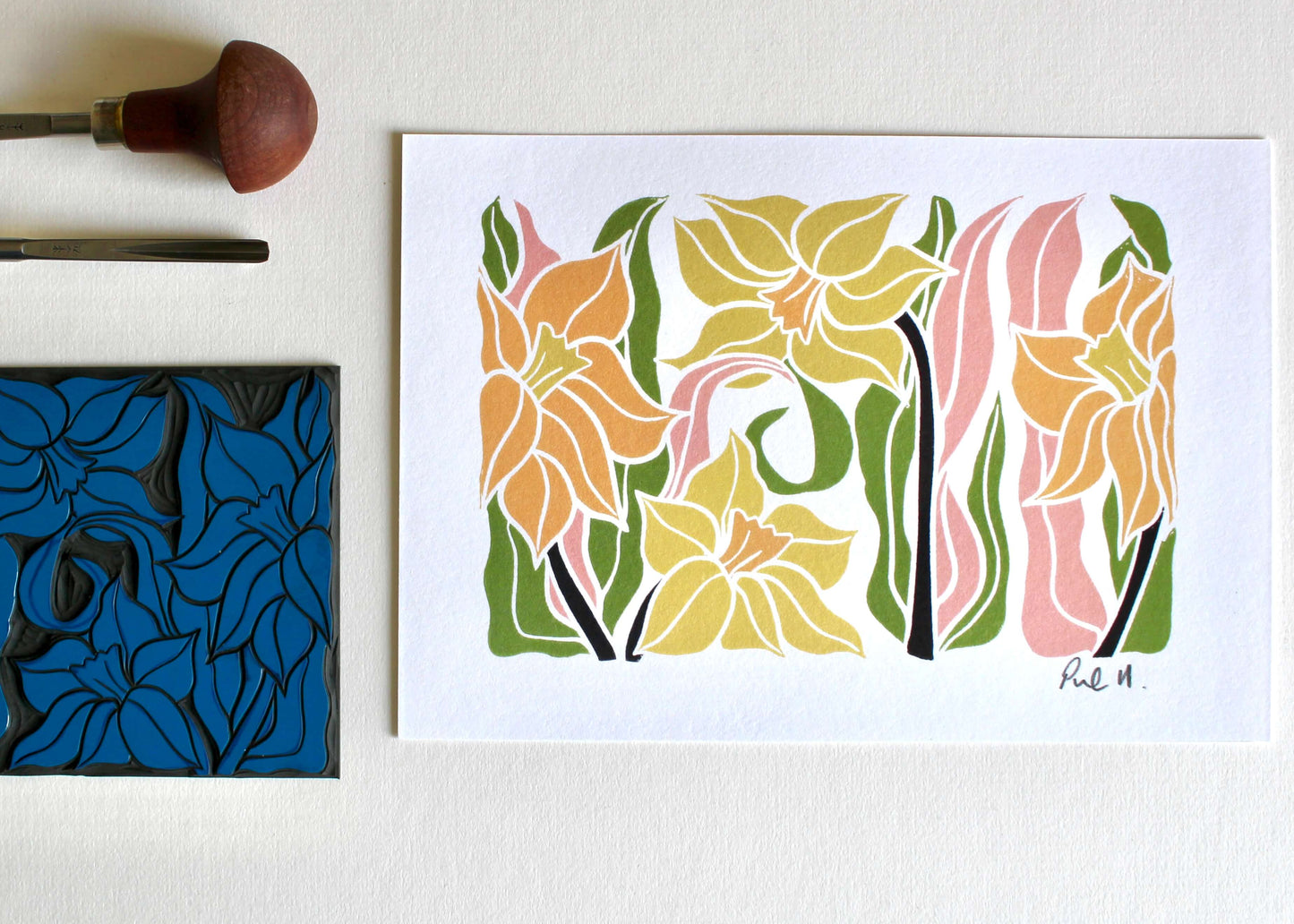 Daffodils Linocut Art Print - A5