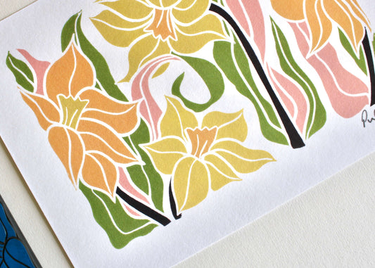 Daffodils Linocut Art Print | A5 or A4 on Cotton Paper