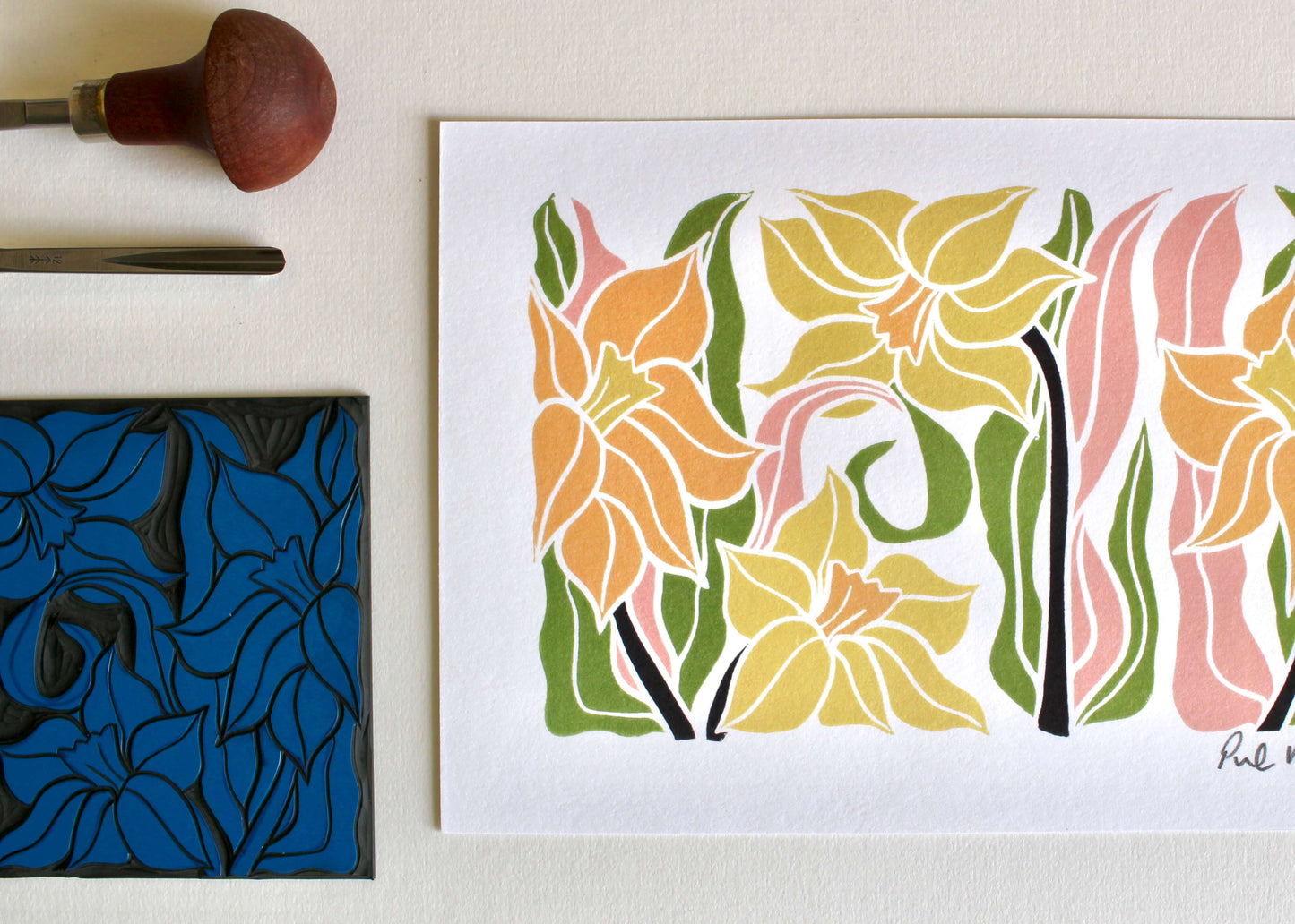 Daffodils Linocut Art Print - A5