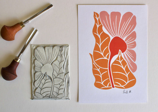 Golden Autumn Flower Linocut Art Print - A5