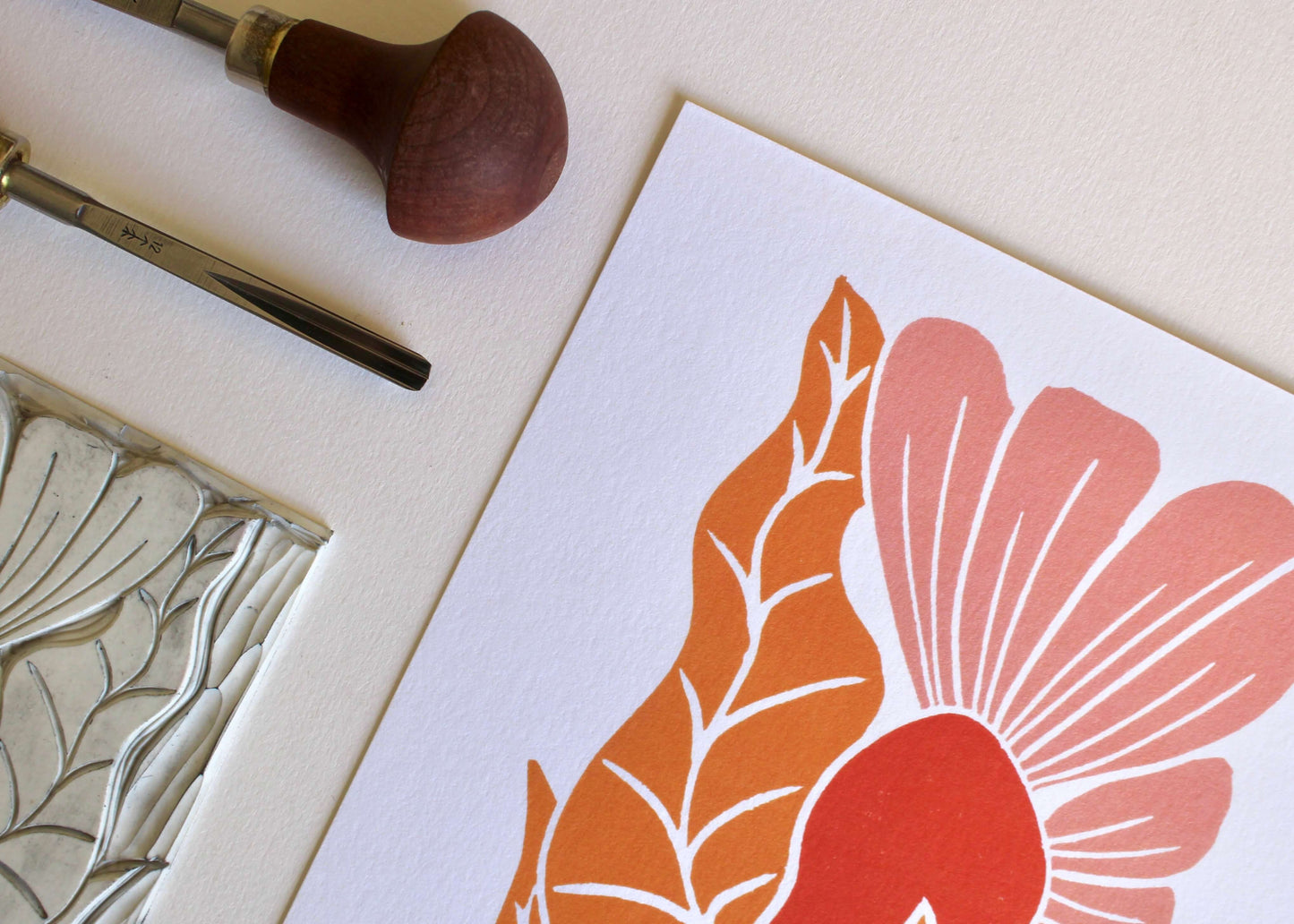 Golden Autumn Flower Linocut Art Print | A5 Wall Art on Cotton Paper