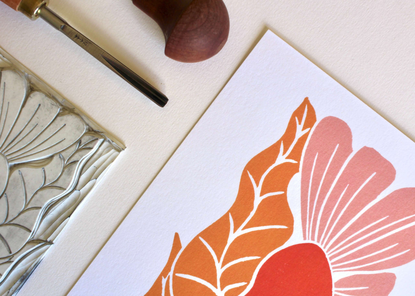 Golden Autumn Flower Linocut Art Print | A5 Wall Art on Cotton Paper