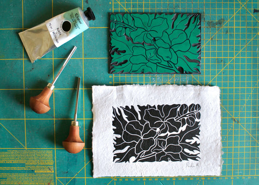 Larkspur Flower Linocut | Handprinted A5 Art Print on Cotton Rag Paper