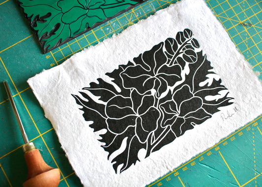 Hand Printed Larkspur Linocut on Cotton Rag Paper