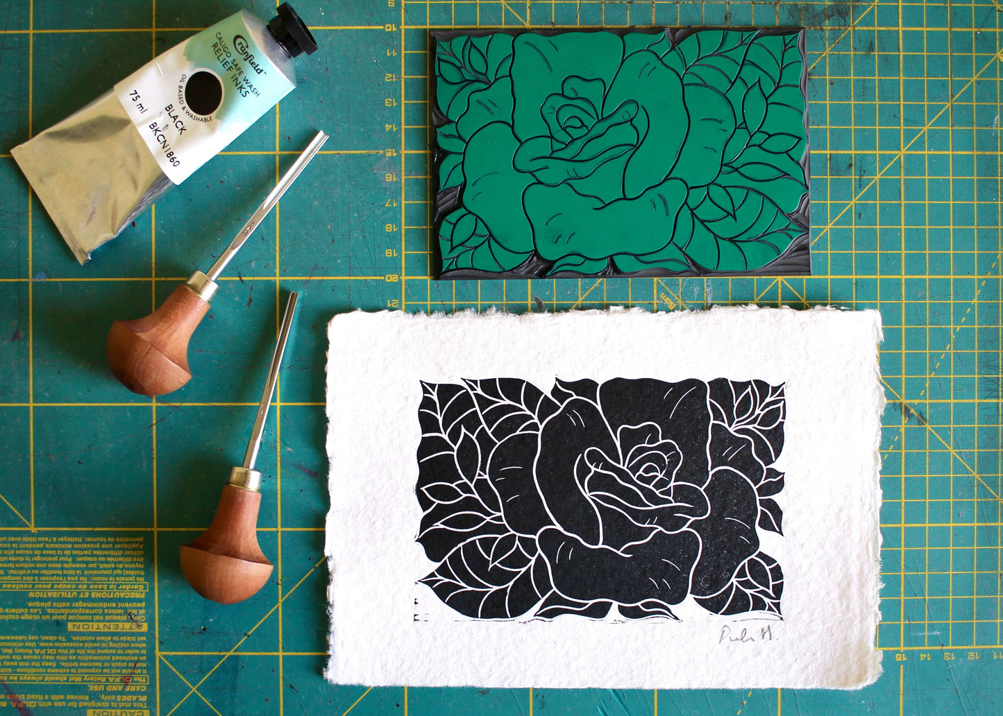 Rose Flower Linocut | Handprinted A5 Art Print on Cotton Rag Paper