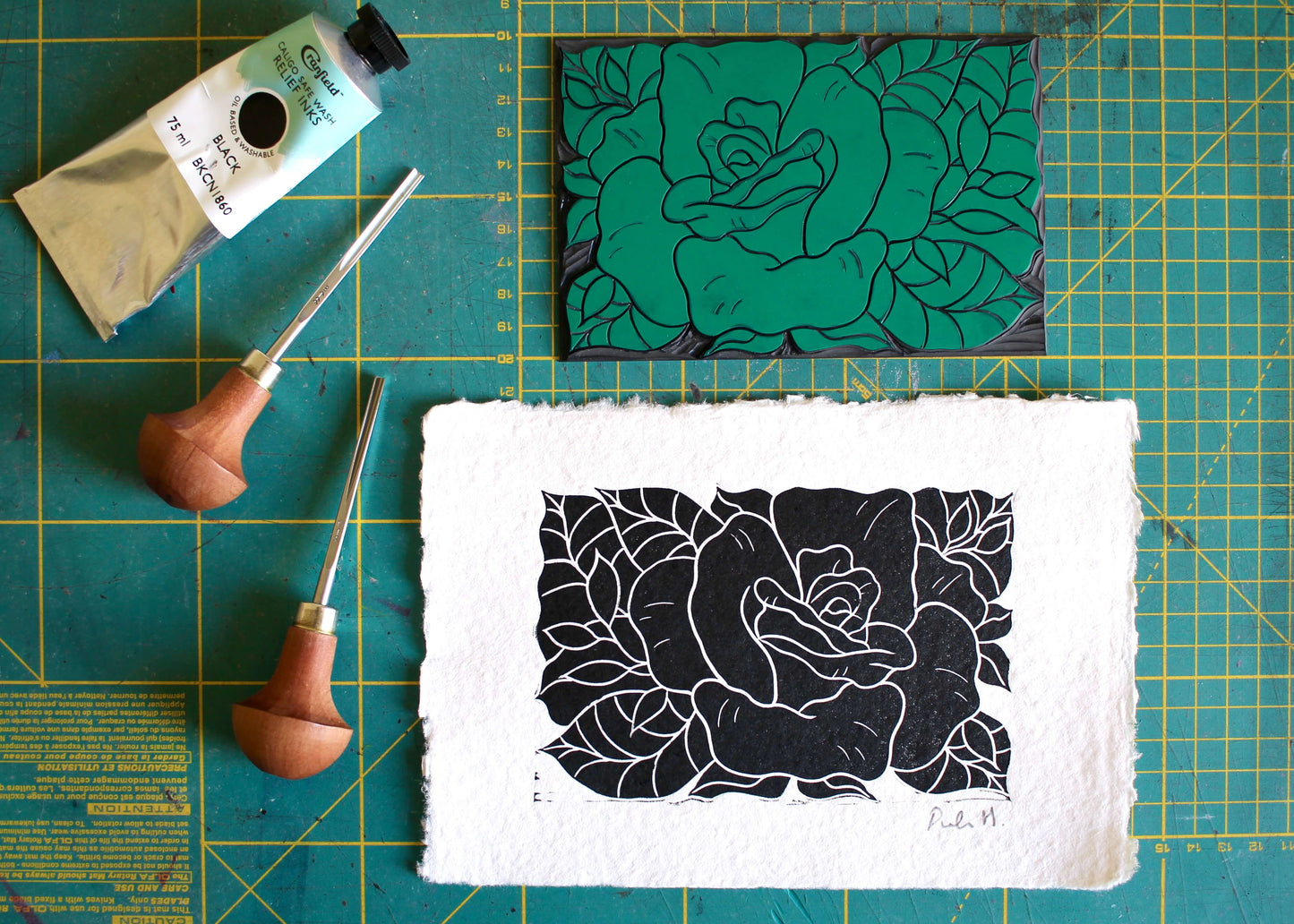Hand Printed Rose Linocut on Cotton Rag Paper