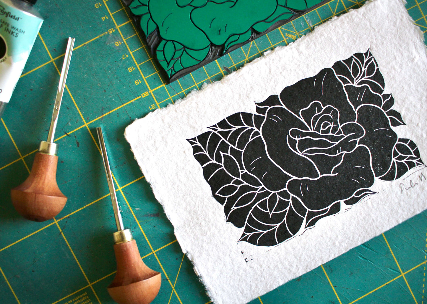 Rose Flower Linocut | Handprinted A5 Art Print on Cotton Rag Paper
