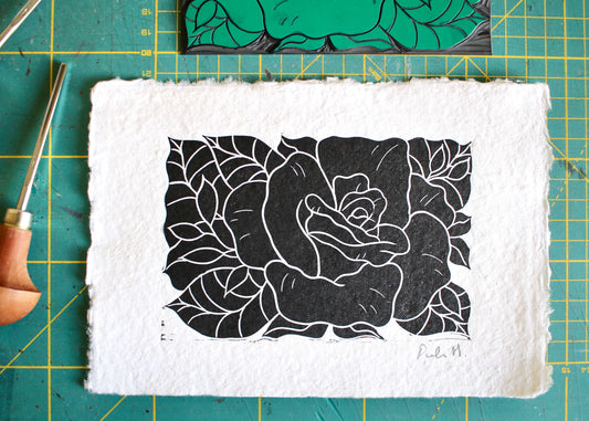 Rose Flower Linocut | Handprinted A5 Art Print on Cotton Rag Paper
