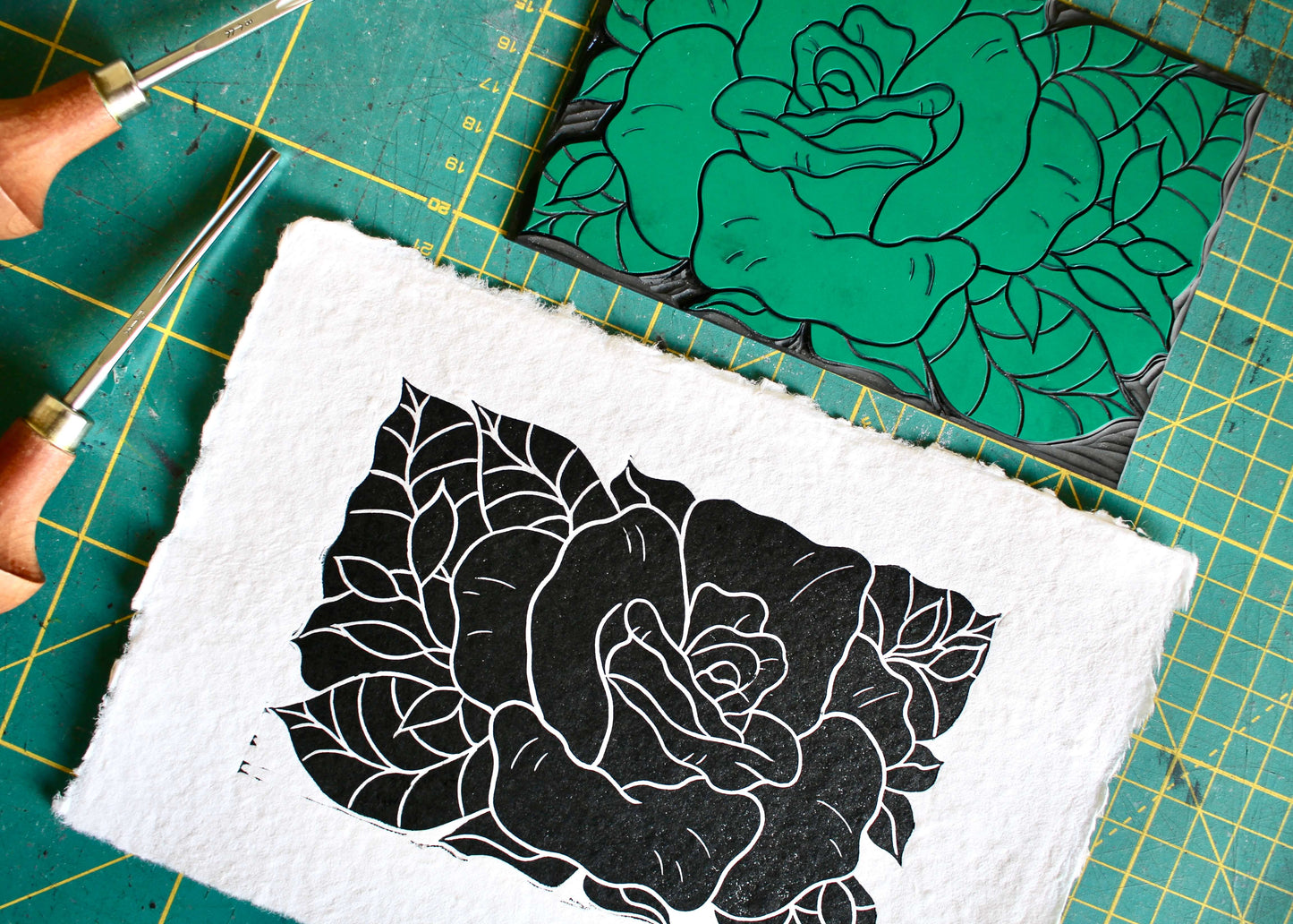 Rose Flower Linocut | Handprinted A5 Art Print on Cotton Rag Paper
