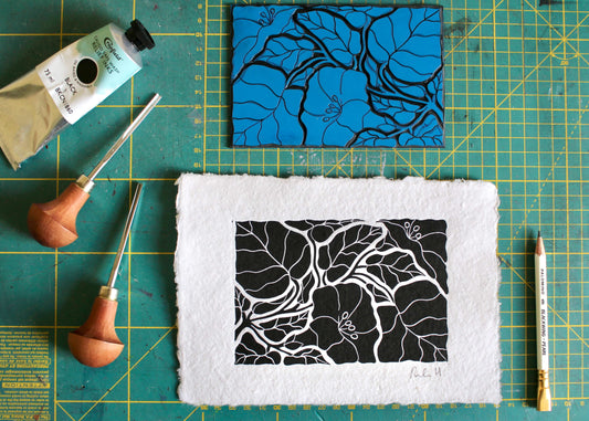 Morning Glory Flower Linocut | Handprinted A5 Art Print on Cotton Rag Paper