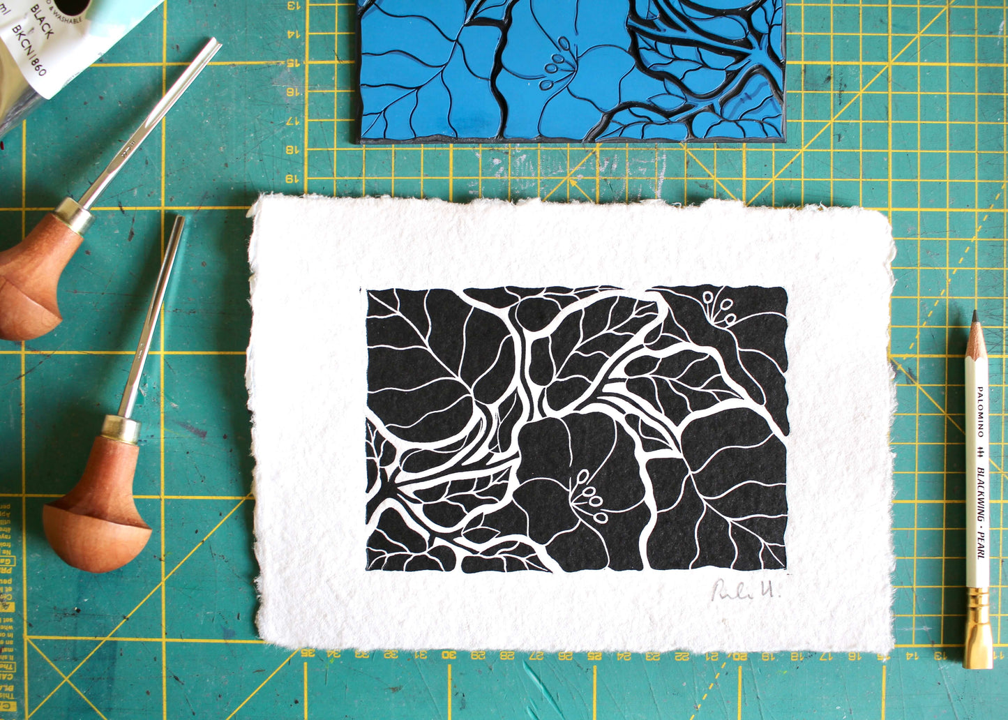 Morning Glory Flower Linocut | Handprinted A5 Art Print on Cotton Rag Paper
