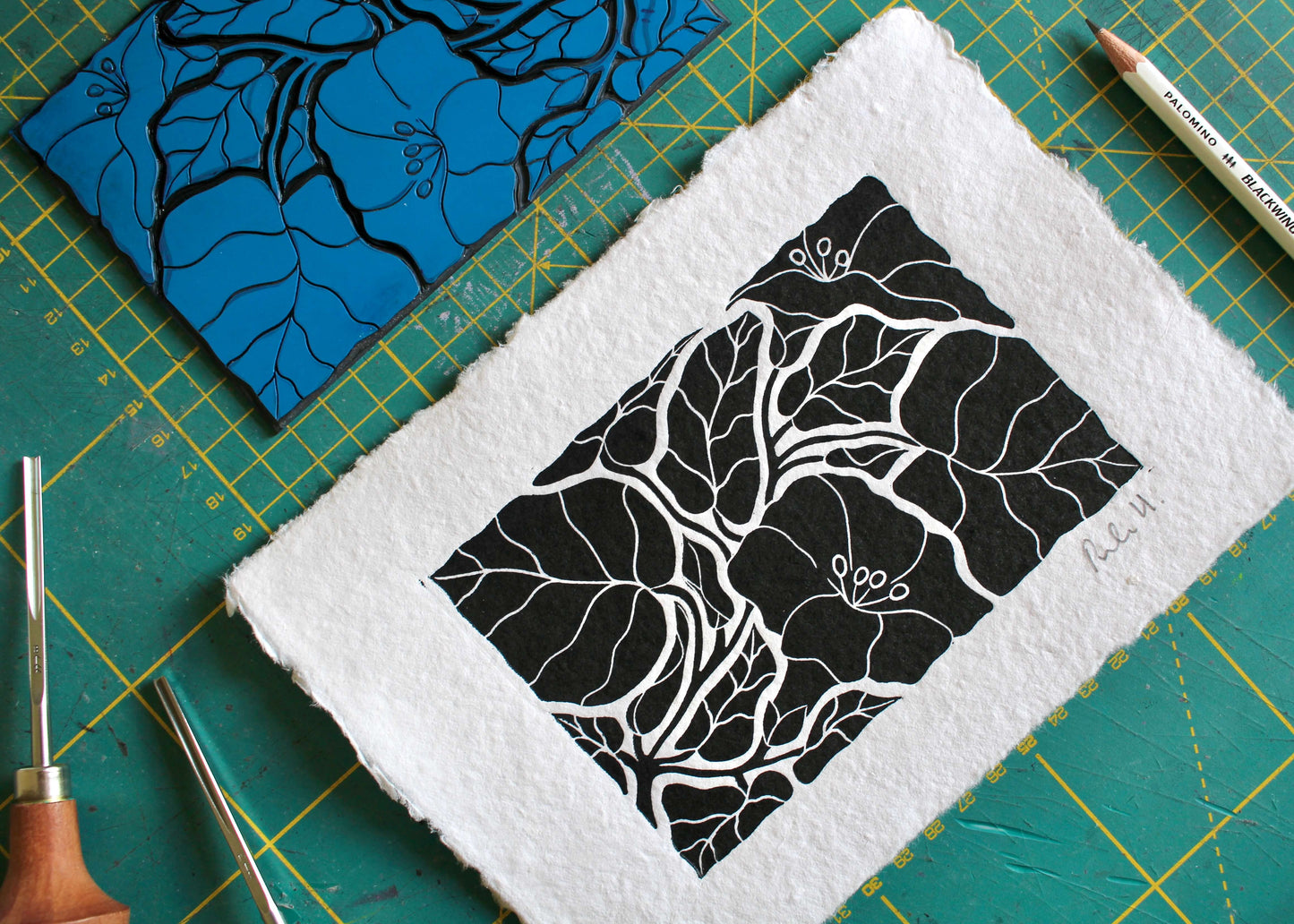Hand Printed Morning Glory Linocut on Cotton Rag Paper