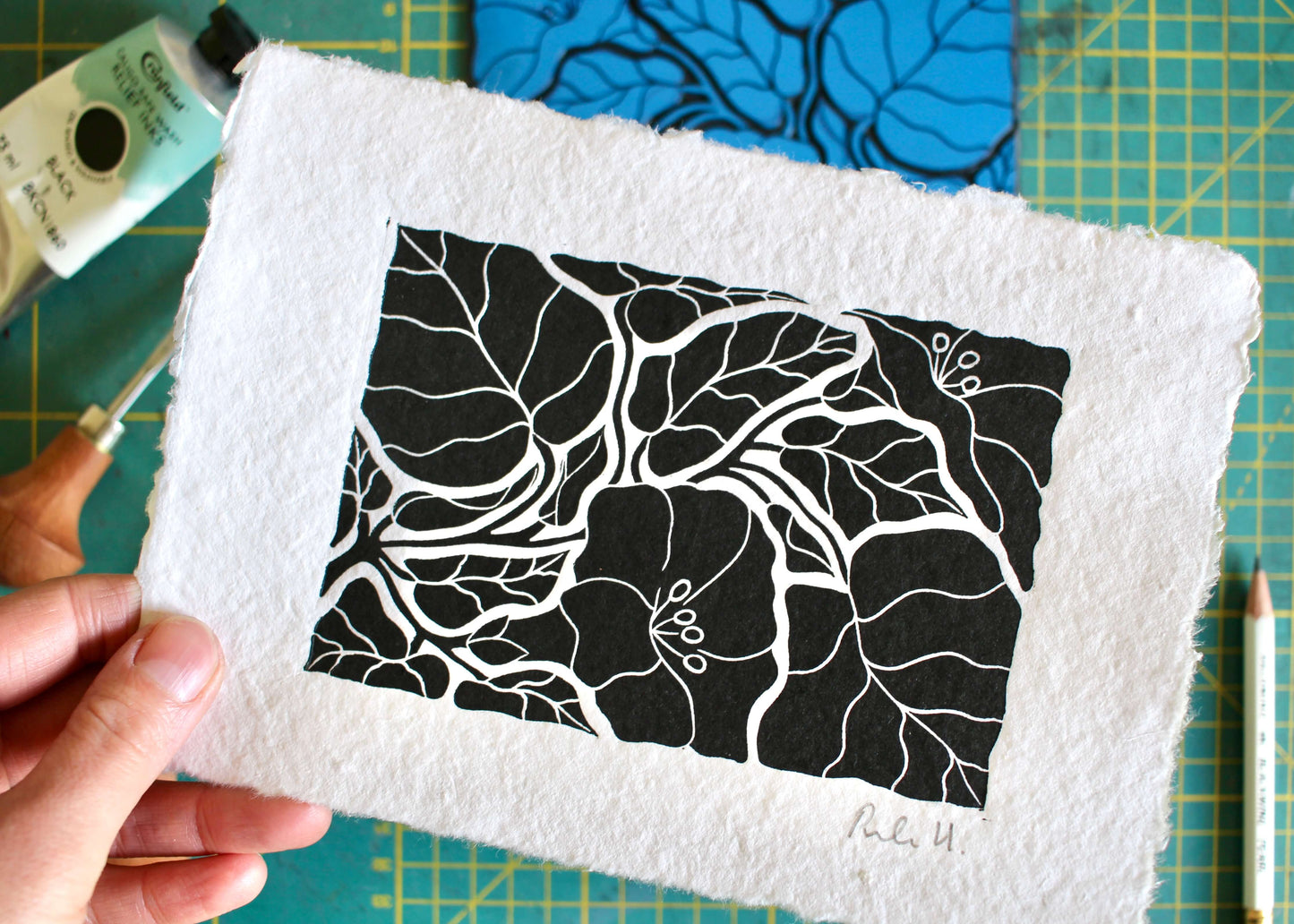 Morning Glory Flower Linocut | Handprinted A5 Art Print on Cotton Rag Paper