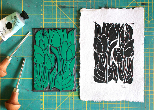 Tulip Flower Linocut | Handprinted A5 Art Print on Cotton Rag Paper