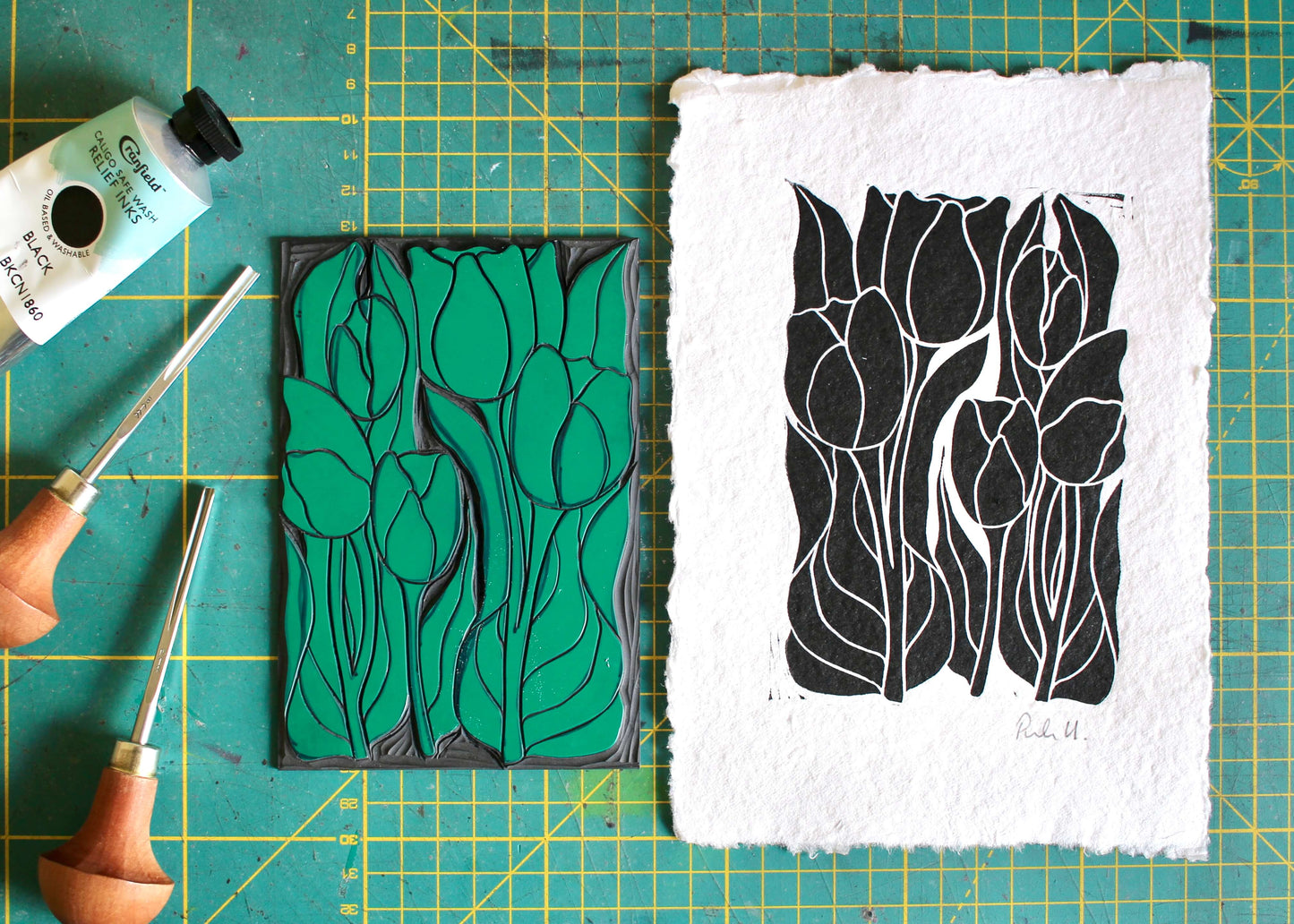 Hand Printed Tulip Flower Linocut on Cotton Rag Paper