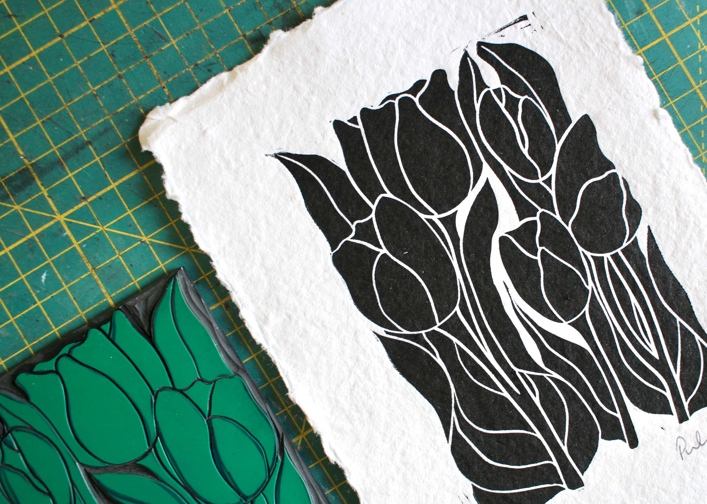 Tulip Flower Linocut | Handprinted A5 Art Print on Cotton Rag Paper