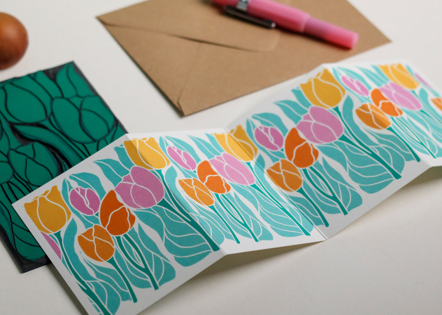 Spring Tulips Linocut Garland Card | Single Card & Envelope