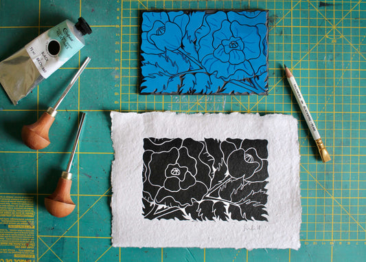Hand Printed Poppy Flower Linocut on Cotton Rag Paper