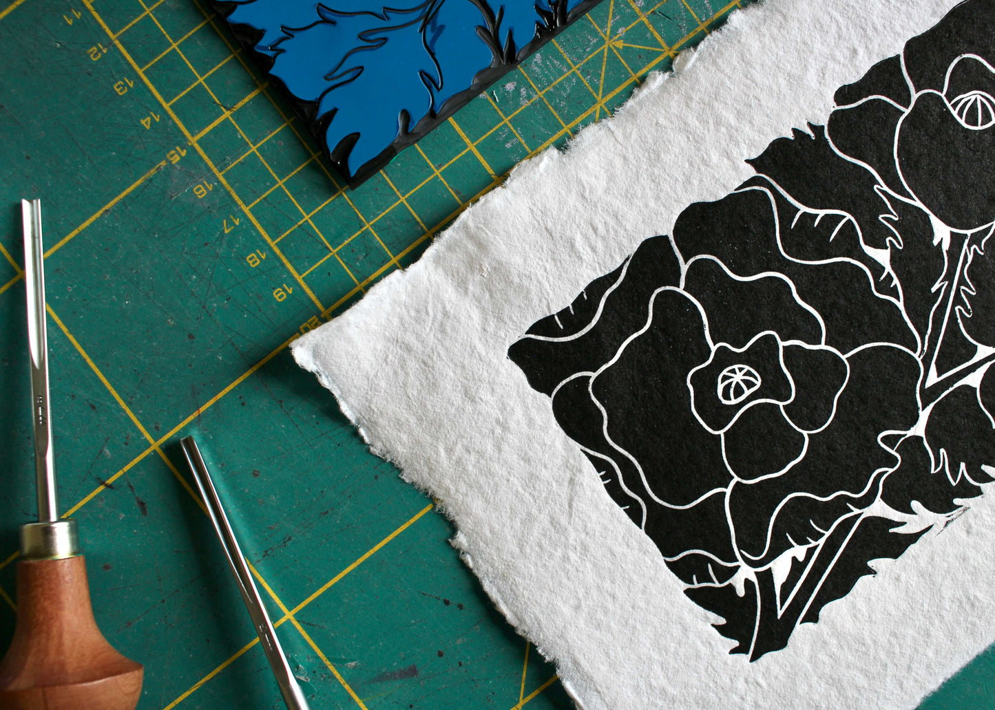 Hand Printed Poppy Flower Linocut on Cotton Rag Paper