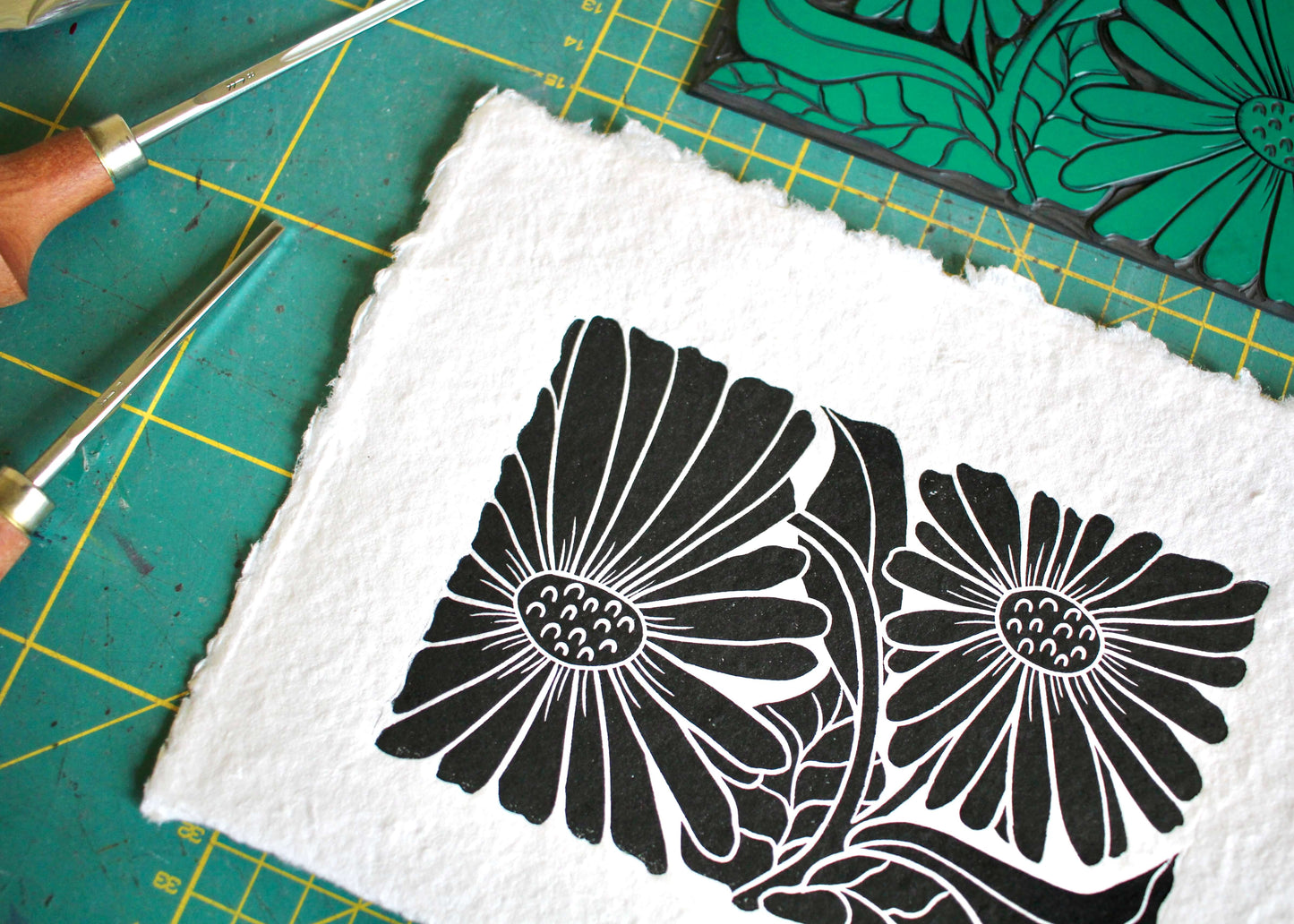 Garden Daisy Flower Linocut | Handprinted A5 Art Print on Cotton Rag Paper