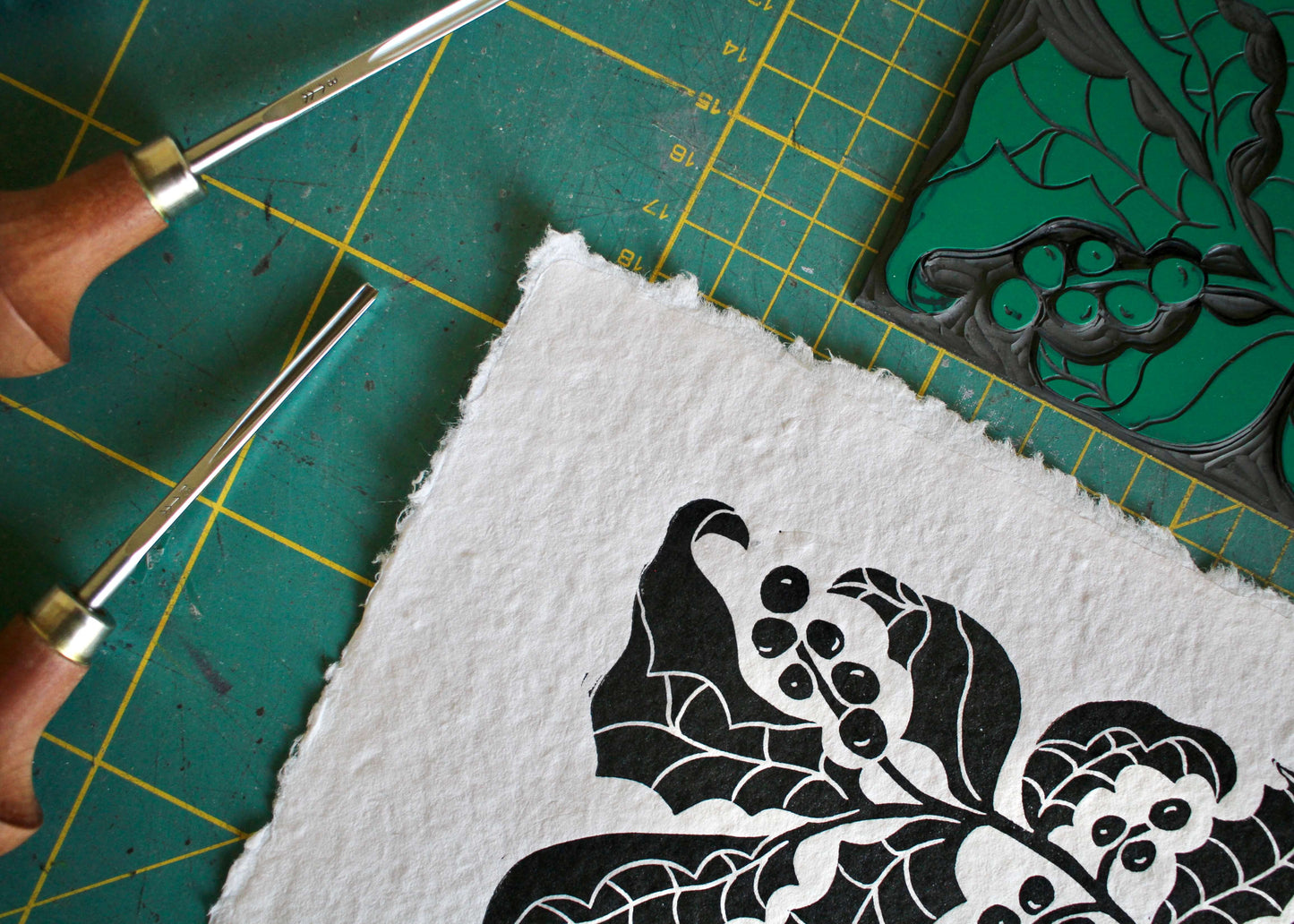 Holly & Berries Linocut | Handprinted A5 Art Print on Cotton Rag Paper
