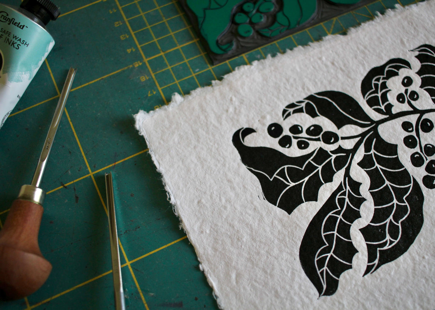 Holly & Berries Linocut | Handprinted A5 Art Print on Cotton Rag Paper