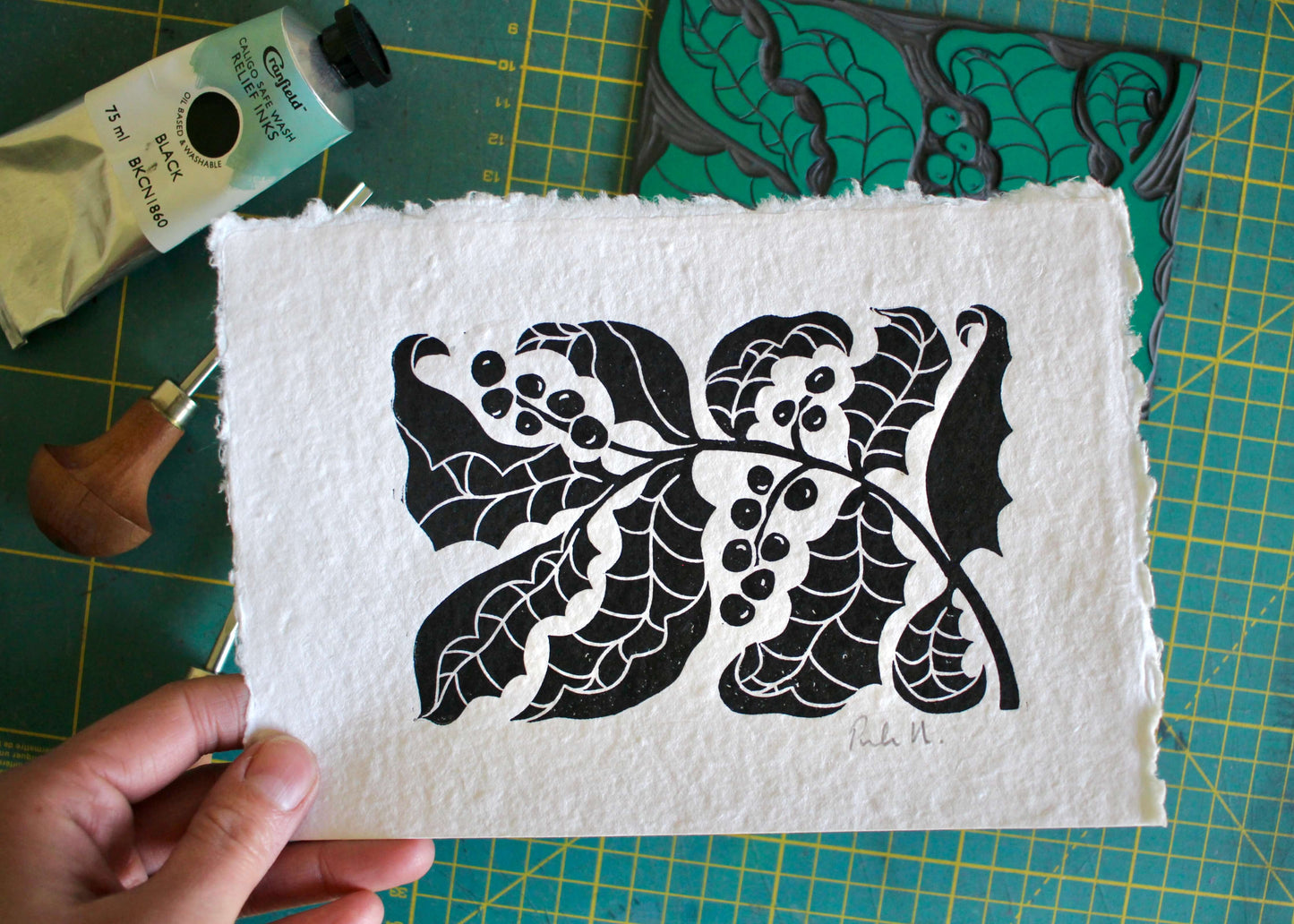 Holly & Berries Linocut | Handprinted A5 Art Print on Cotton Rag Paper