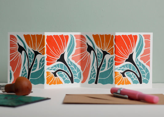 Happy Floral botanical Garland card shown fully extended (105 x 297mm), displaying complete hand-carved linocut design. Modern cottagecore abstract flower portrait, perfect for mantlepiece display.