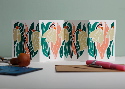 Snowdrop Linocut Garland Card (January birth flower) | Single Card & Envelope