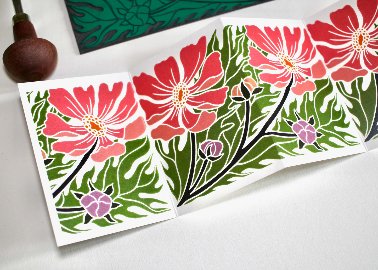 Cosmos Floral Linocut Concertina Card | Single Card & Envelope