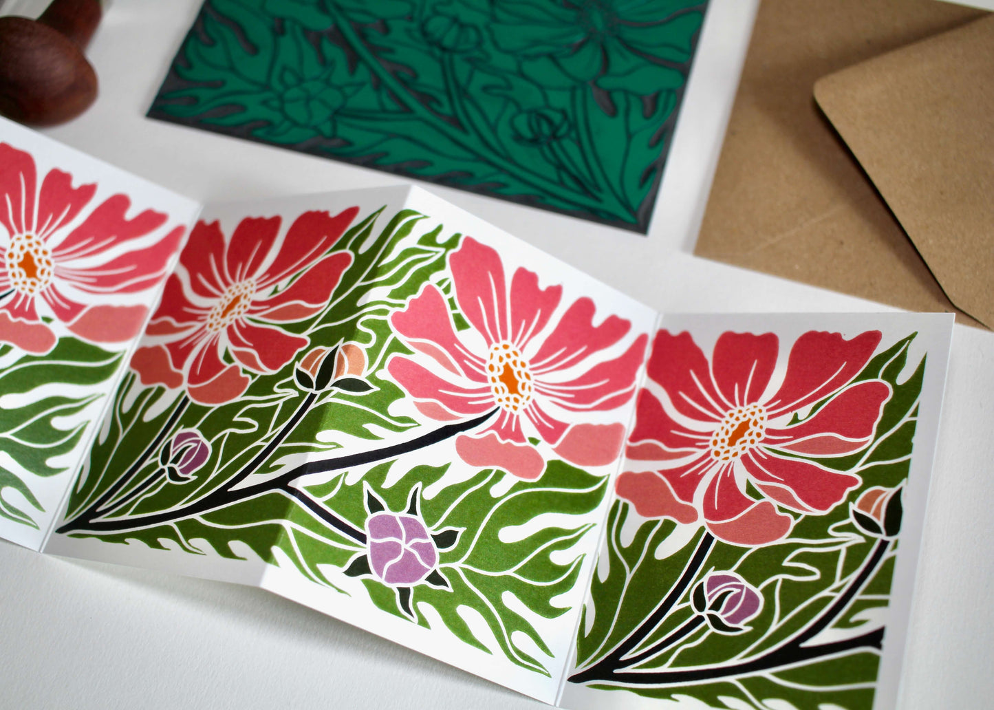 Cosmos Floral Linocut Concertina Card | Single Card & Envelope