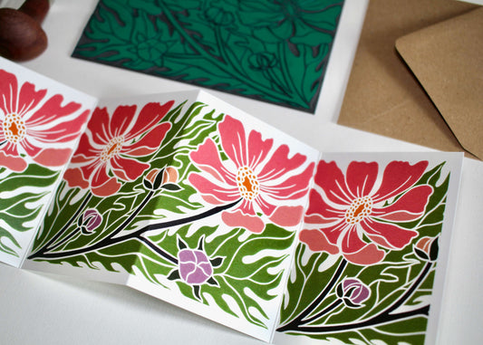 Cosmos Floral Linocut Concertina Card | Single Card & Envelope
