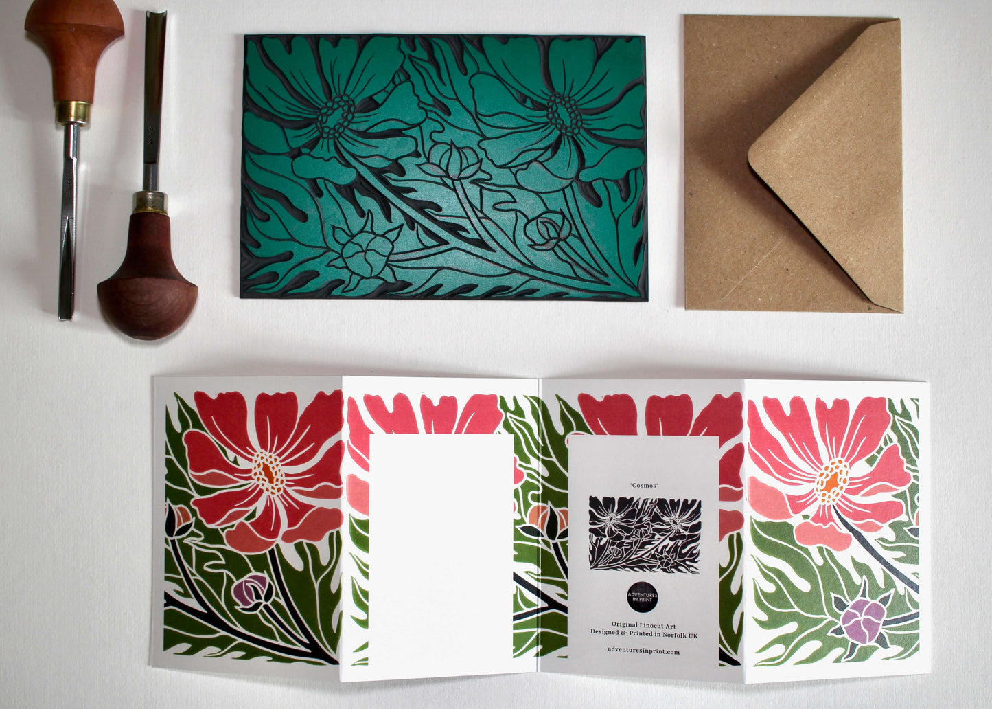Cosmos Floral Linocut Concertina Card | Single Card & Envelope