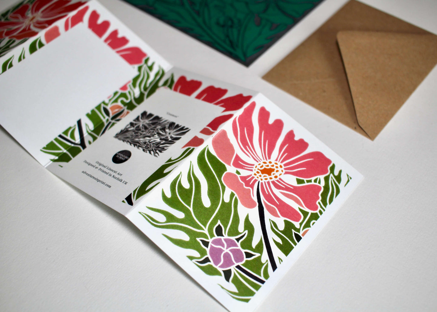 Cosmos Floral Linocut Concertina Card | Single Card & Envelope