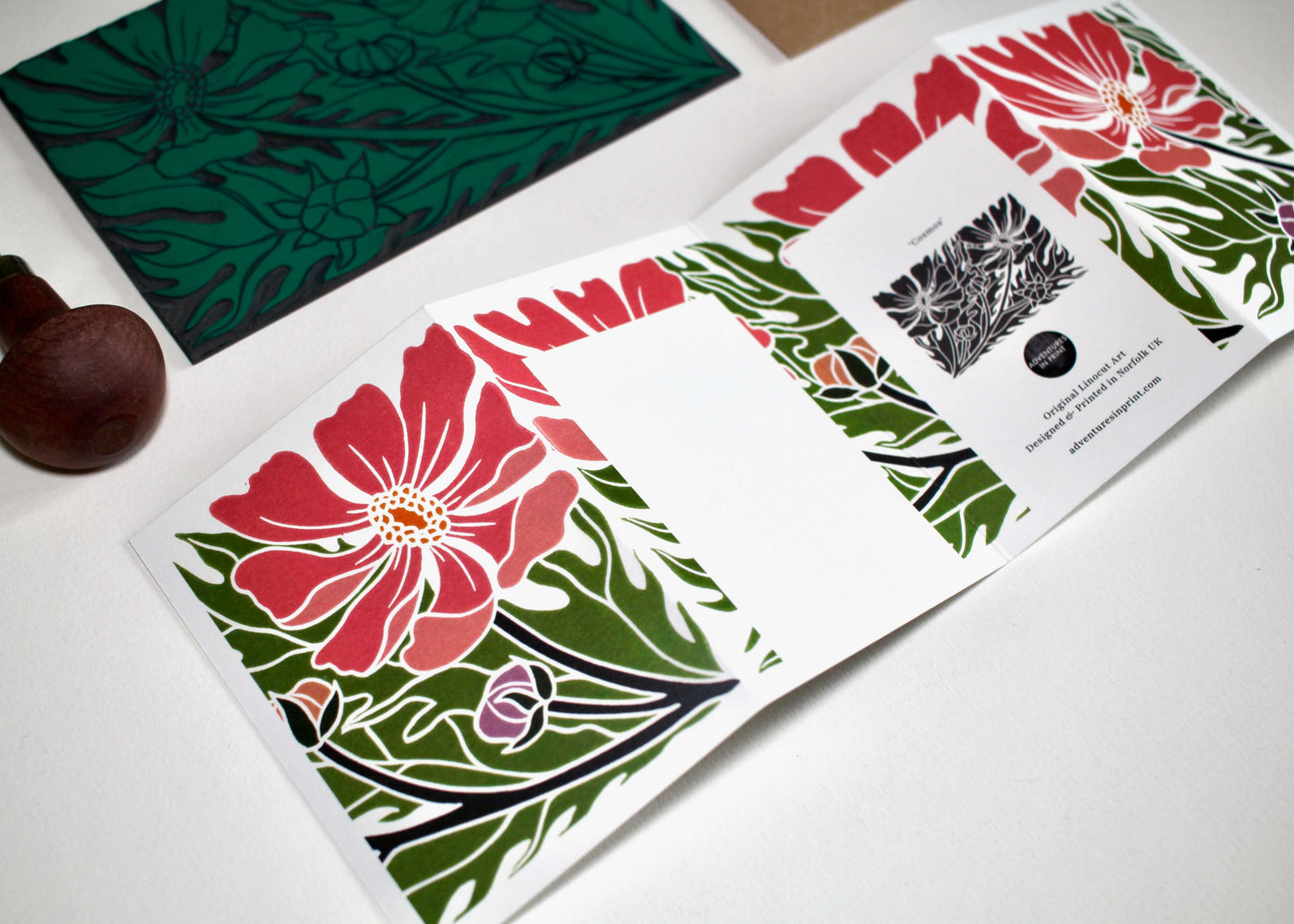 Cosmos Floral Linocut Concertina Card | Single Card & Envelope