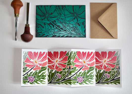 Cosmos Floral Linocut Concertina Card | Single Card & Envelope