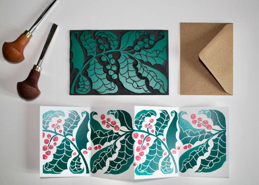 Holly & Berries Linocut Concertina Card | Single Card & Envelope